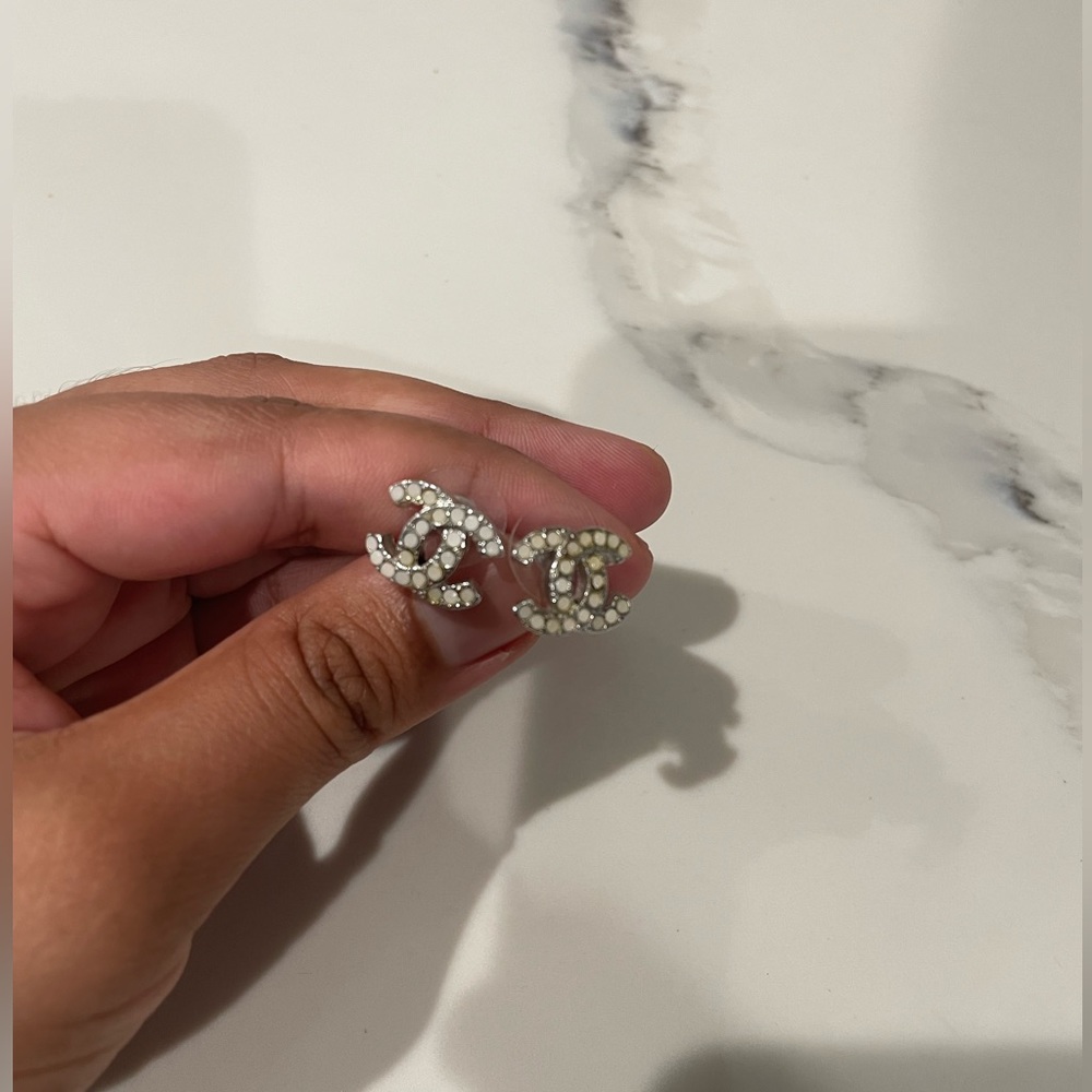 AUTHENTIC CHANEL earrings, white studded on silver.